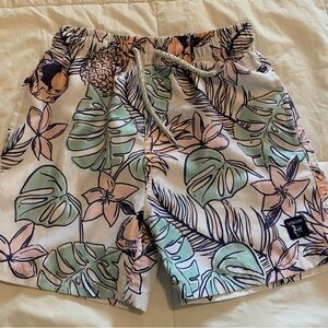 Kids Tropical Leaf Swim Trunks - Pink & Mint